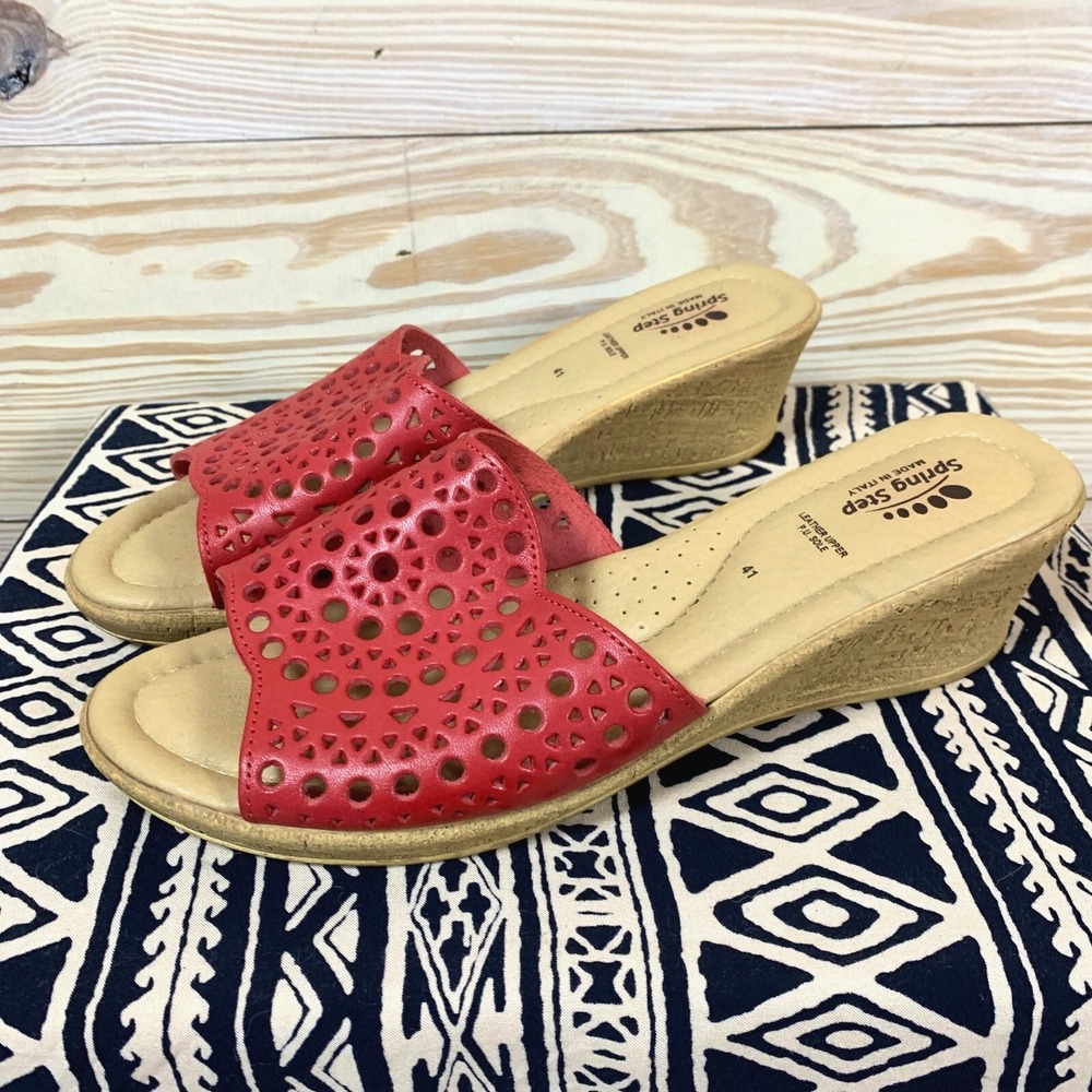 Spring Step Sandals US 10‎ Red Leather Laser Cut Wedges Italy EU 41 Tomato Girl